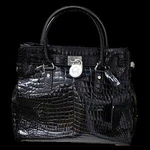 Michael Kors Black Croc Embossed Patent Leather Large Hamilton Tote